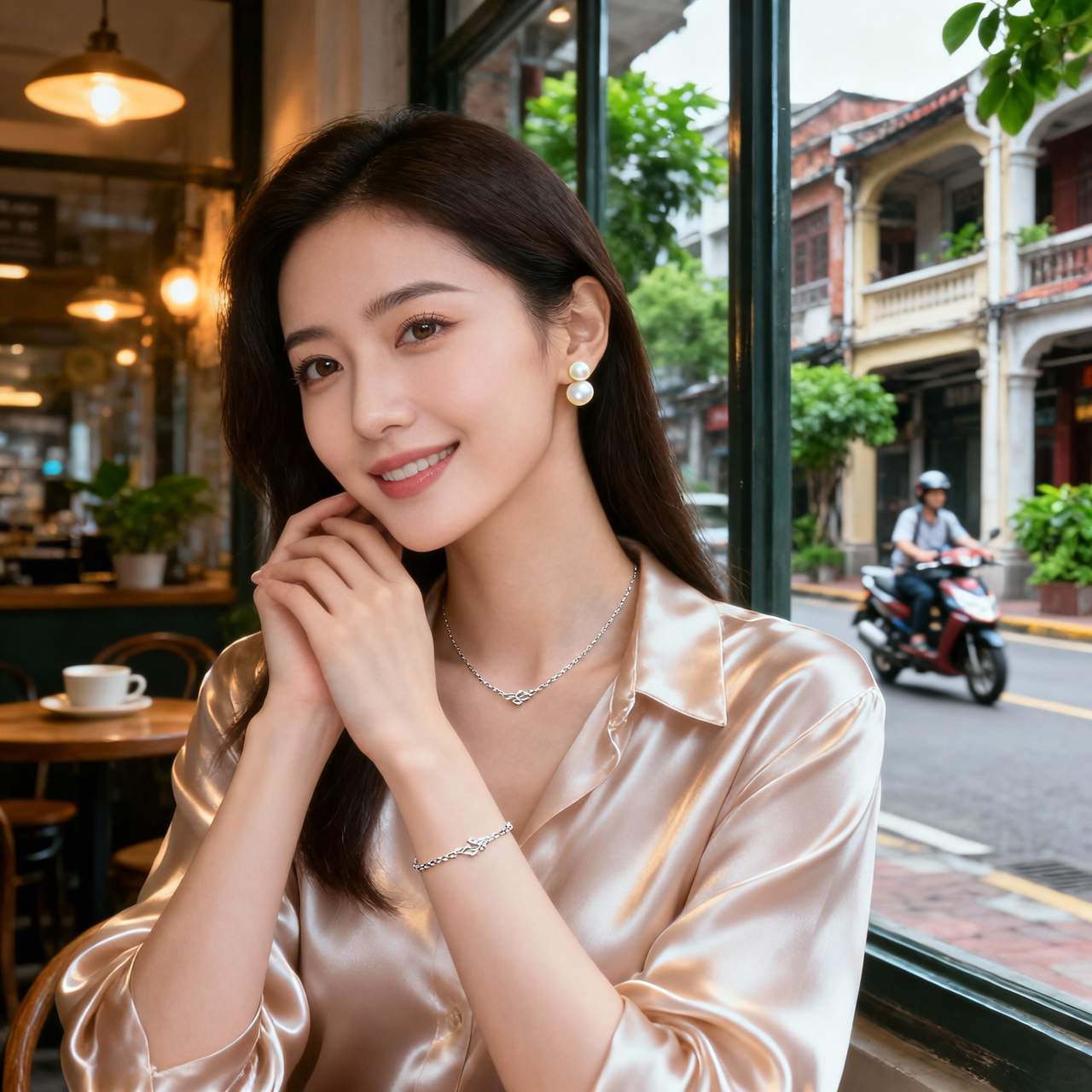 生活瞬间，美女，韩系美女，丝绸，美妆广告，广州街边，4K超清，写实风格，温馨，柔和室内光，皮肤细腻，项链，耳环，手链。